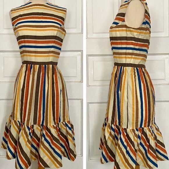 True Vintage MCM 1950s Rainbow Stripe Ruffle Midi Pin-Up Gal Sun Dress - Picture 2 of 8